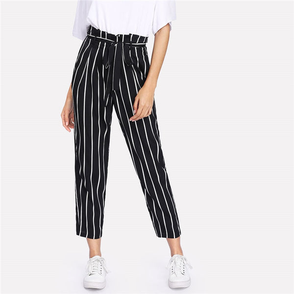 Self Belt Striped Zipper Fly Carrot Pant