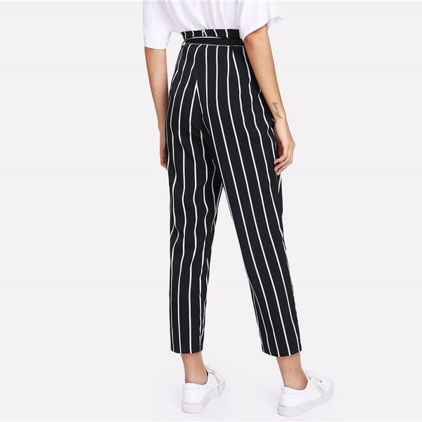 Self Belt Striped Zipper Fly Carrot Pant