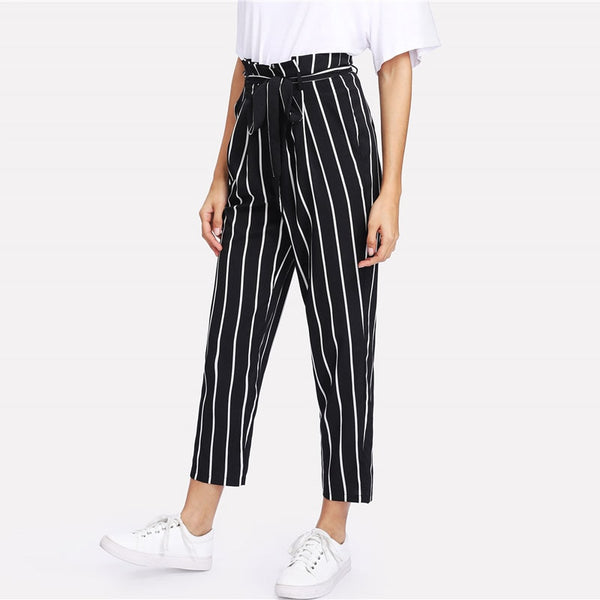 Self Belt Striped Zipper Fly Carrot Pant