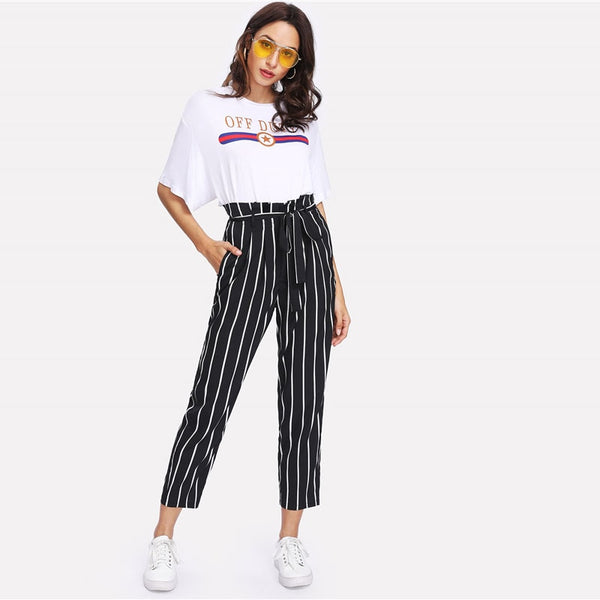 Self Belt Striped Zipper Fly Carrot Pant