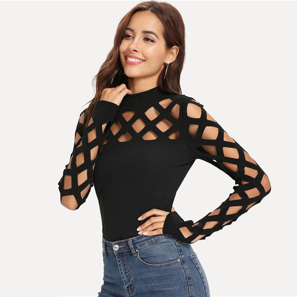 Black Square Cutout Shoulder Fitted T-Shirt