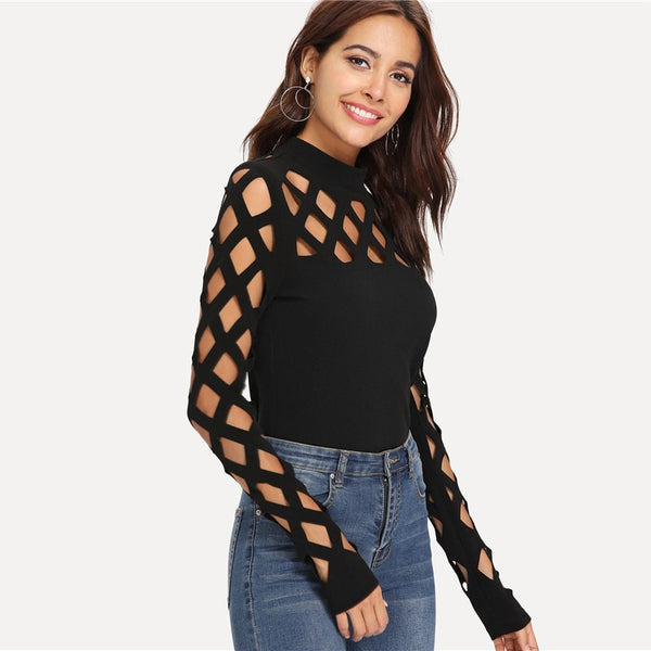 Black Square Cutout Shoulder Fitted T-Shirt