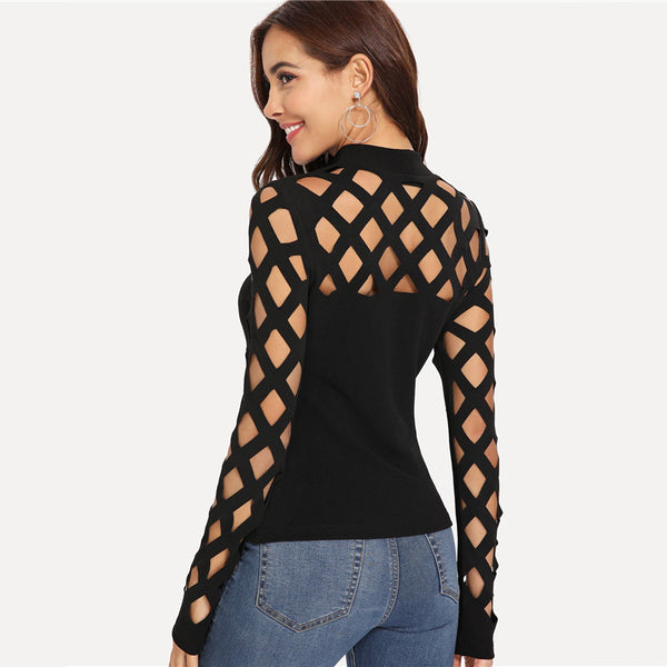 Black Square Cutout Shoulder Fitted T-Shirt