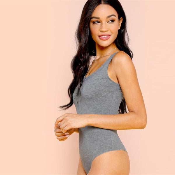 Grey Heather Tank Solid Square Neck Skinny Bodysuit