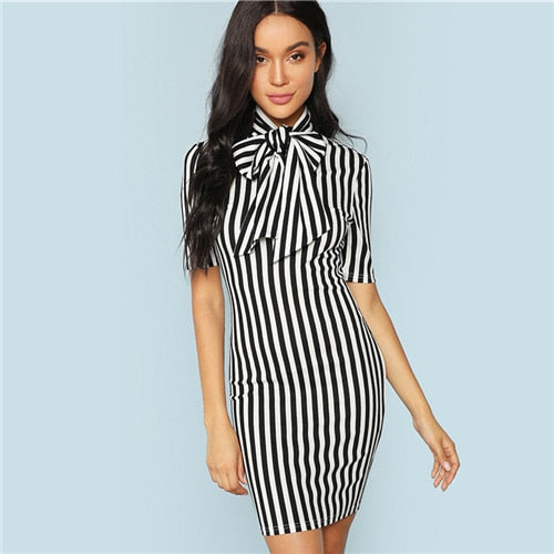 Black And White Bow Tie Neck Striped Waist Pencil Dress