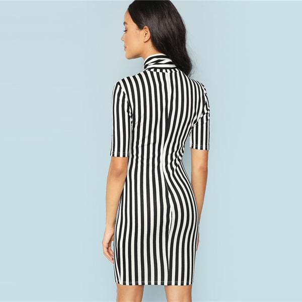 Black And White Bow Tie Neck Striped Waist Pencil Dress