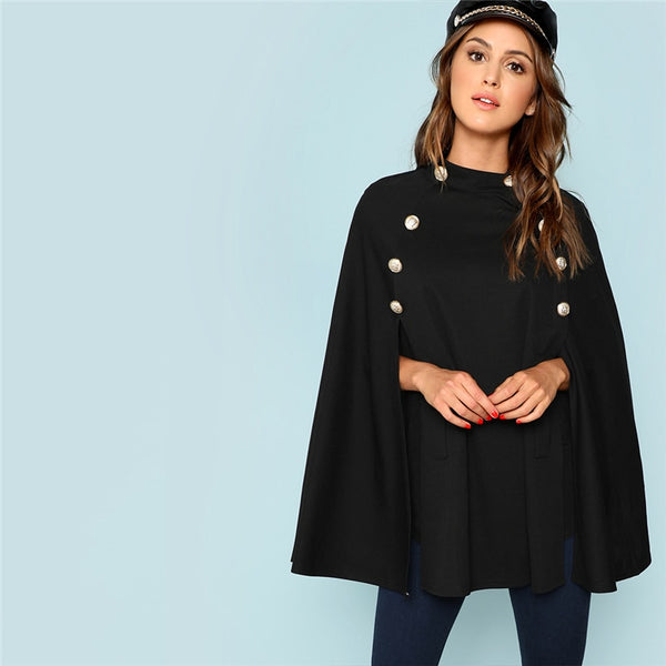 Black Double Button Mock Poncho Solid Elegant Coat