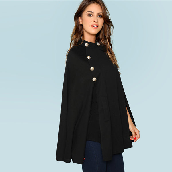 Black Double Button Mock Poncho Solid Elegant Coat