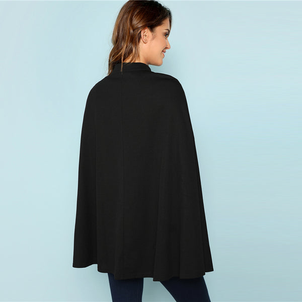 Black Double Button Mock Poncho Solid Elegant Coat