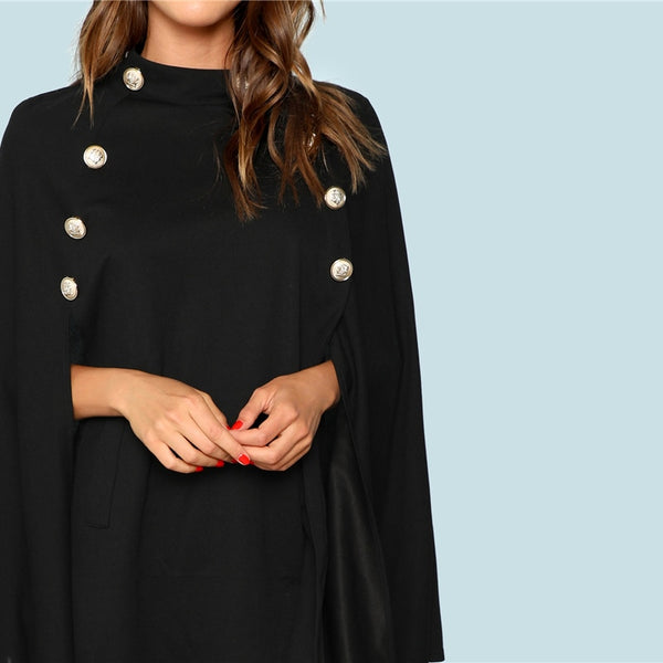 Black Double Button Mock Poncho Solid Elegant Coat