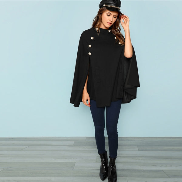 Black Double Button Mock Poncho Solid Elegant Coat