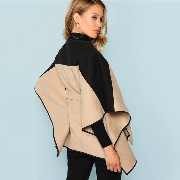 Khaki Cut and Sew Lace Up 3/4 Sleeve Belted Outer Coat