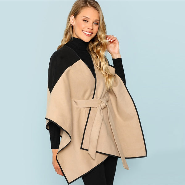 Khaki Cut and Sew Lace Up 3/4 Sleeve Belted Outer Coat