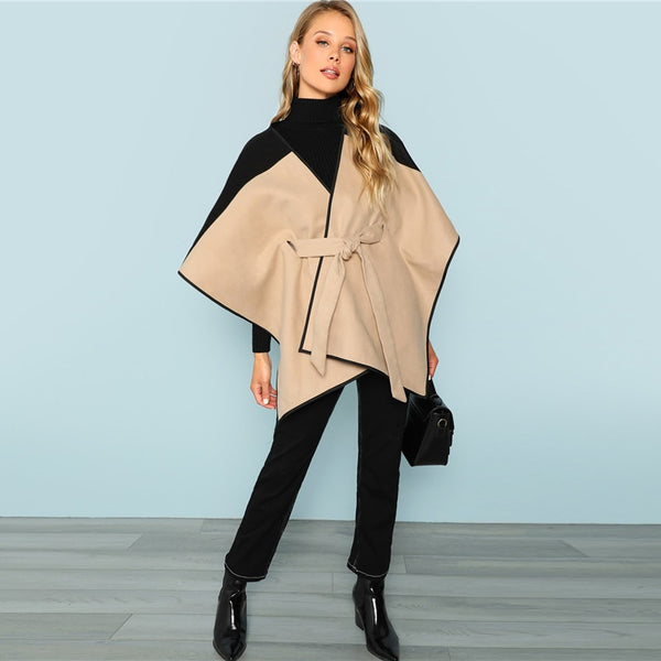 Khaki Cut and Sew Lace Up 3/4 Sleeve Belted Outer Coat