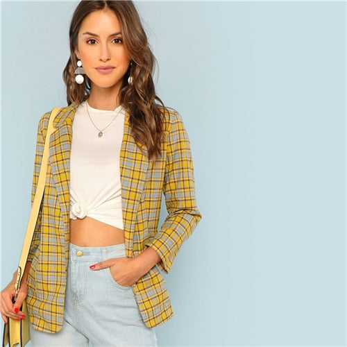 Yellow Notch Collar Pocket Front Plaid Longline Highstreet Blazer