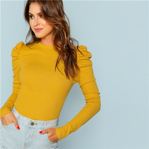 Mustard Minimalist Puff Sleeve Rib Knit T-Shirt