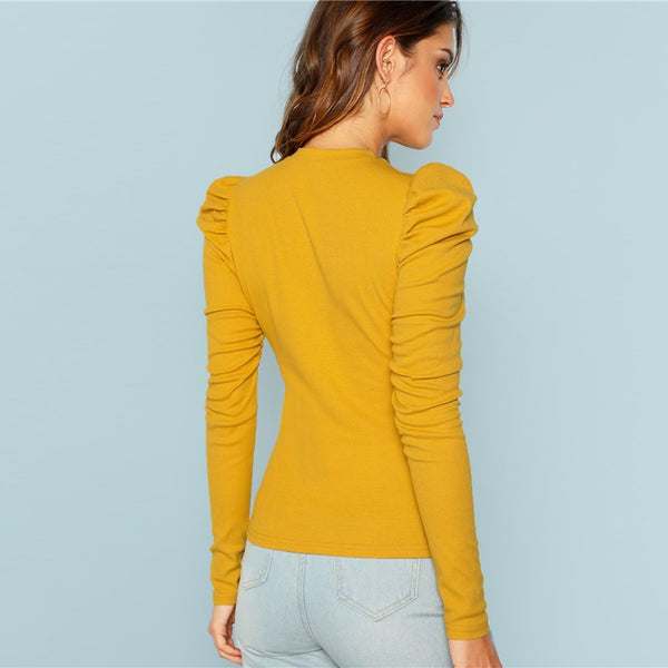 Mustard Minimalist Puff Sleeve Rib Knit T-Shirt