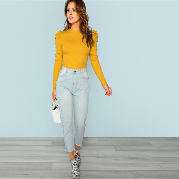 Mustard Minimalist Puff Sleeve Rib Knit T-Shirt