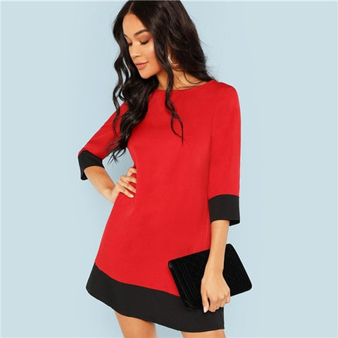Red Contrast Trim Tunic Colorblock 3/4 Sleeve Short Dress