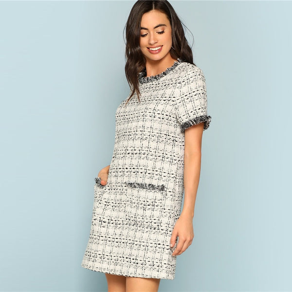 Grey Plaid Frayed Edge Button Detail Tweed Dress