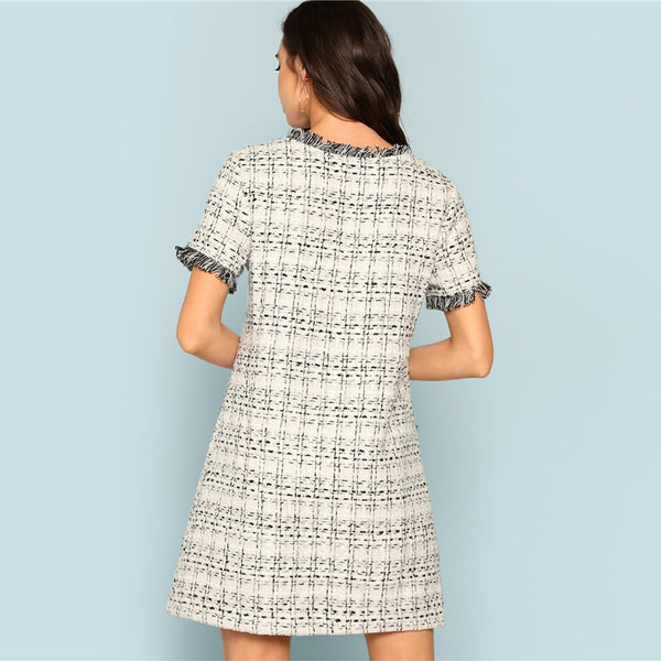 Grey Plaid Frayed Edge Button Detail Tweed Dress