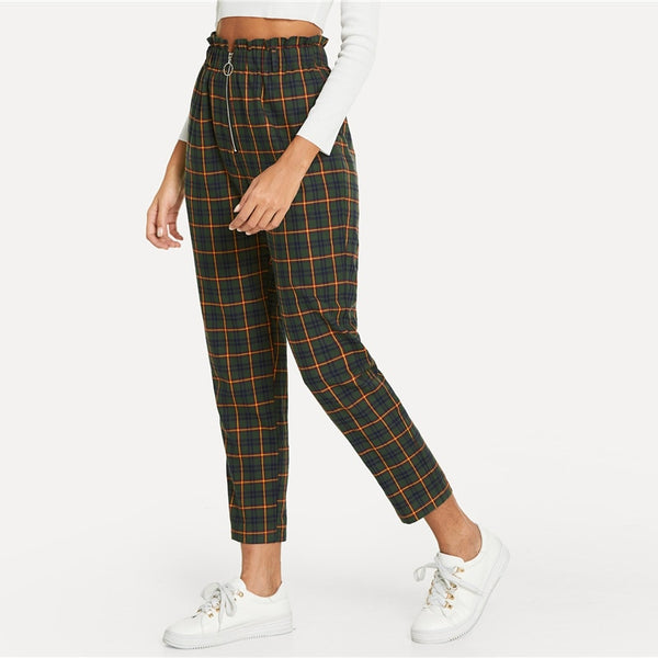 Green Exposed Zip Fly Plaid Peg Mid Waist Carrot Minimalist Pant