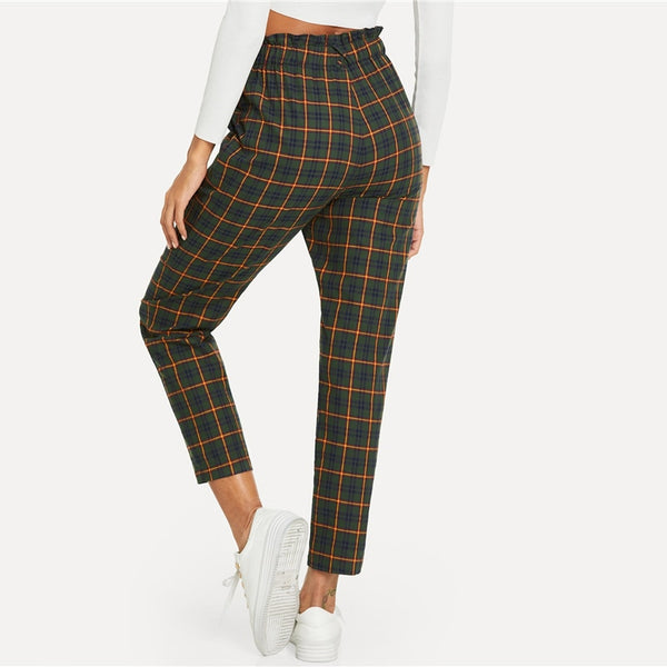 Green Exposed Zip Fly Plaid Peg Mid Waist Carrot Minimalist Pant