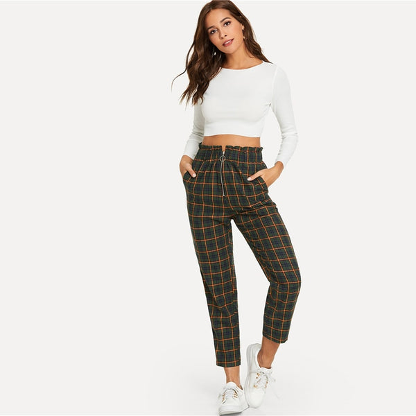 Green Exposed Zip Fly Plaid Peg Mid Waist Carrot Minimalist Pant