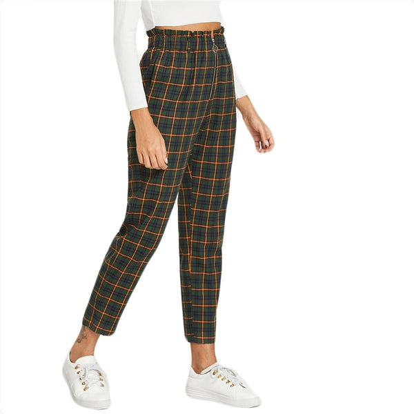 Green Exposed Zip Fly Plaid Peg Mid Waist Carrot Minimalist Pant