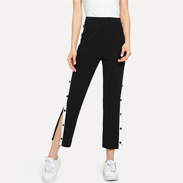 Black Colorblock Contrast Snap Button Side Pant