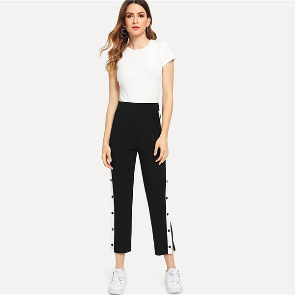 Black Colorblock Contrast Snap Button Side Pant