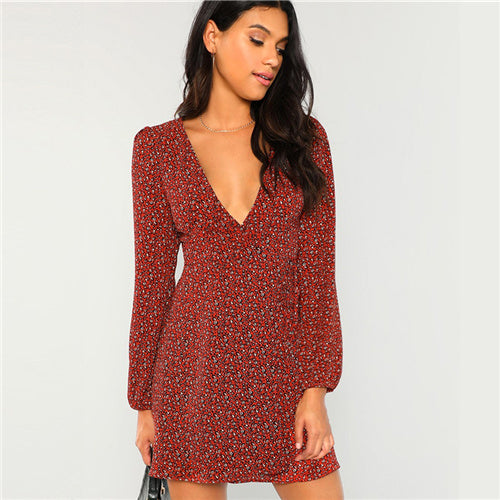 Rust Leopard Print Plung Neck Wrap Flared Dress