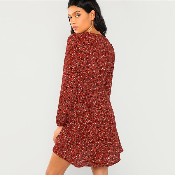 Rust Leopard Print Plung Neck Wrap Flared Dress