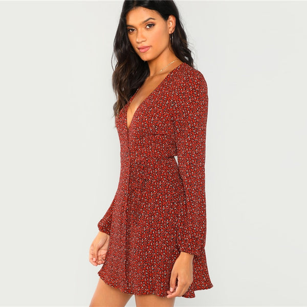 Rust Leopard Print Plung Neck Wrap Flared Dress
