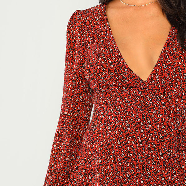 Rust Leopard Print Plung Neck Wrap Flared Dress