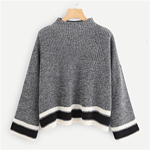 Striped Cuff And Hem Marled Fashion Sweater