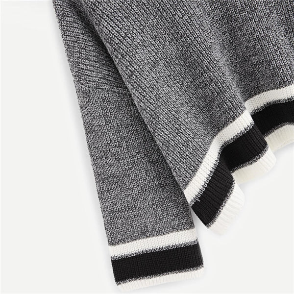 Striped Cuff And Hem Marled Fashion Sweater