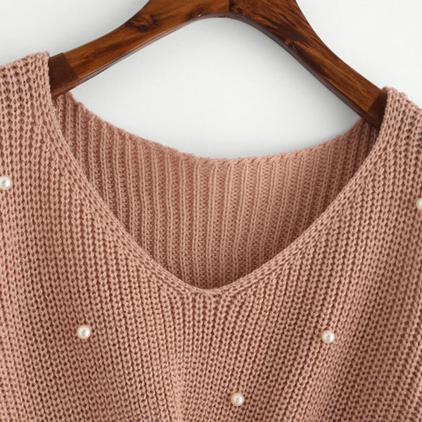 Plain V Neck Pearl Beading Casual Sweater