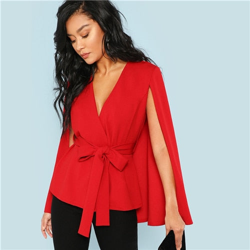 Red Open Placket Deep V-Neck Cloak Sleeve Solid Blazer