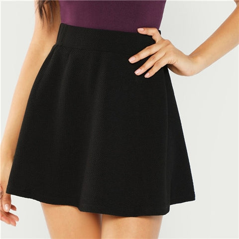 Black Elastic Waist Textured Plain Skirt