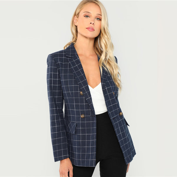Navy Notched Neck Plaid Double Breasted Blazer