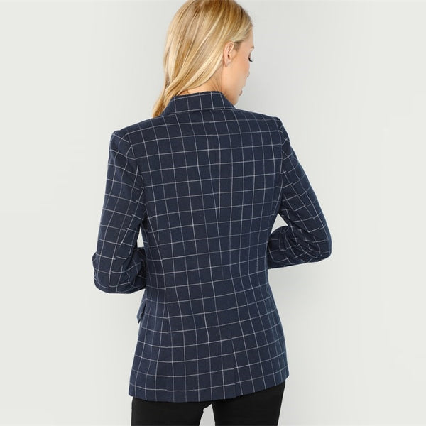 Navy Notched Neck Plaid Double Breasted Blazer