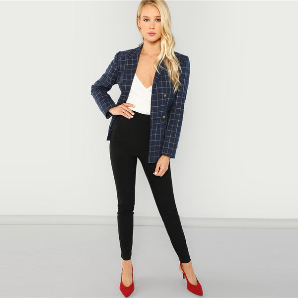 Navy Notched Neck Plaid Double Breasted Blazer
