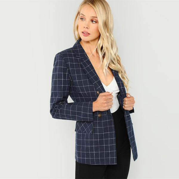 Navy Notched Neck Plaid Double Breasted Blazer