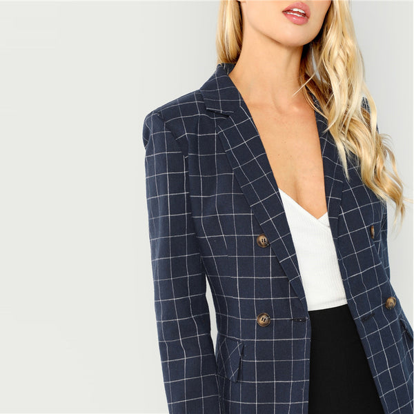 Navy Notched Neck Plaid Double Breasted Blazer