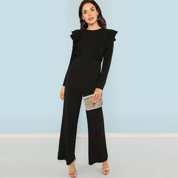 Black Round Neck Plain Maxi Jumpsuit