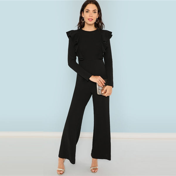 Black Round Neck Plain Maxi Jumpsuit