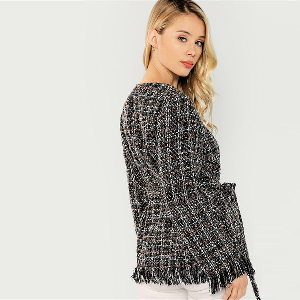 Black Highstreet Single Breasted Hem Button Belted Tweed Blazer