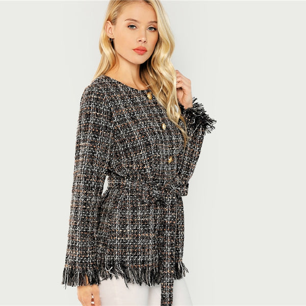 Black Highstreet Single Breasted Hem Button Belted Tweed Blazer
