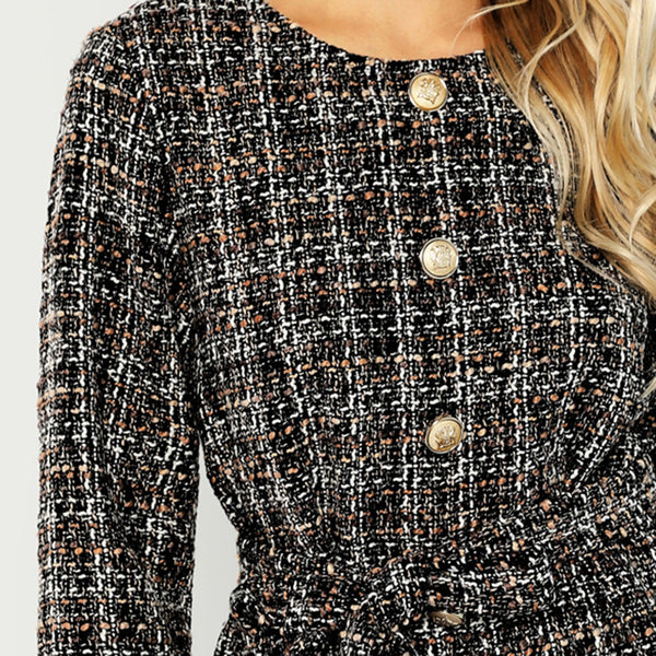Black Highstreet Single Breasted Hem Button Belted Tweed Blazer